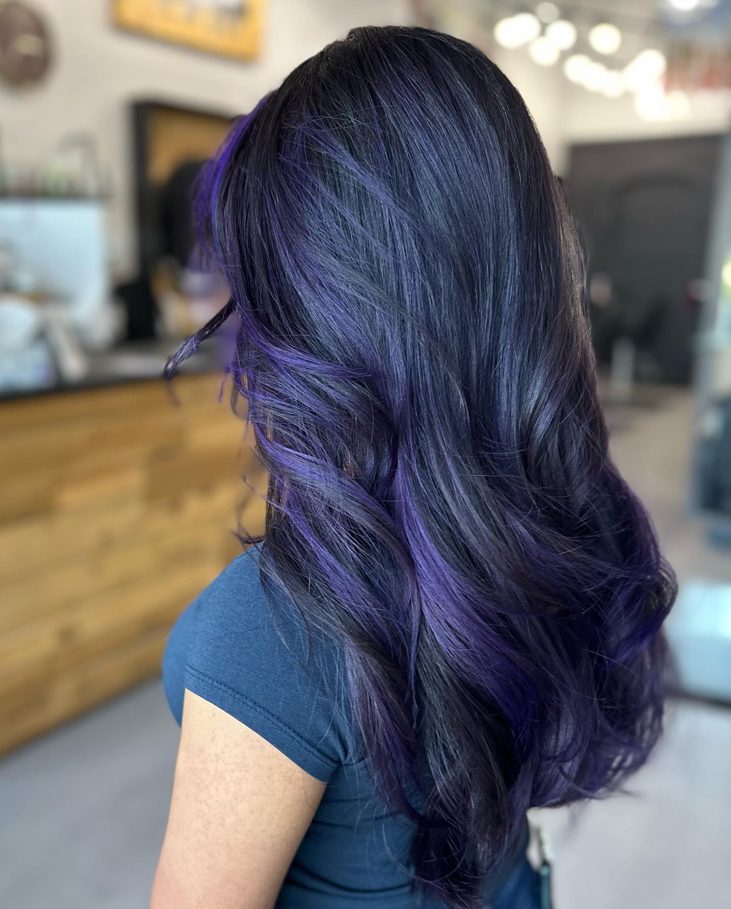 💜Incoming!💜This purple balayage has us smitten as a kitten! We all need a pop of color sometimes. #purple #purplehair #salon #lonetreehair #lonetree #curls #pravana #fashionshades #vibrant #grape #blended #texture #colorado #coloradohair #burmanandco